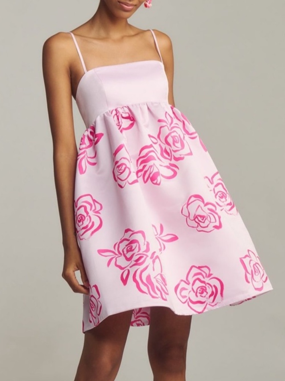 Anthropologie Maeve pink satin floral dress, spaghetti straps & smocked zip back
